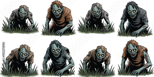 Cartoon illustration of eight zombies crawling out of the ground with glowing eyes, tattered clothes, spooky horror design perfect for Halloween, comics, and eerie artwork