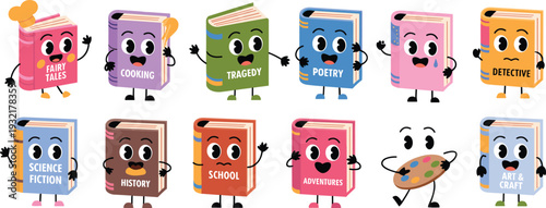 Cartoon illustrated books collection with diverse genres, anthropomorphic characters, colorful designs, educational artwork, creative literary themes, and 