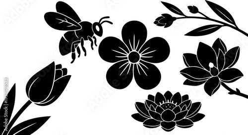 Silhouette floral vector close up bee and assorted flowers with leaves decorative arrangement black and white high contrast flat graphic