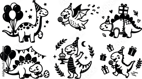 Whimsical kids doodle close up party dinosaurs celebrating with balloons gifts cake smiling wearing hats playful vector line art cute