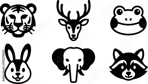 Minimalist line art animal face icons set six frontal faces black and white simple expressions for logo use social media