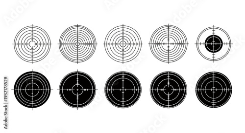 Set of circular target reticles in grayscale and black variants for scope and aiming design.