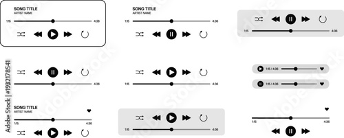 Modern audio player icon set with play button, music control symbols and multimedia interface elements editable vector bundle for app and web design