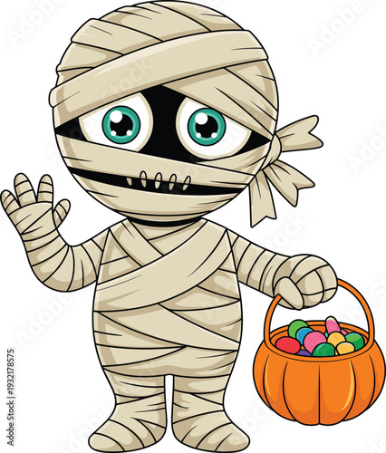Cartoon mummy character wrapped in beige bandages holding pumpkin candy bucket, smiling and waving, perfect for Halloween, children’s costumes, festive design, and spooky illustration projects