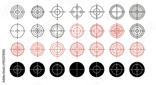 Set of circular target crosshair icons in multiple colors for UI design and graphic projects.
