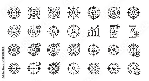 Collection of round target and radar icons in line art style for UI design.