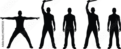 Man silhouette poses with knife weapon isolated black human figure set danger security concept vector illustration