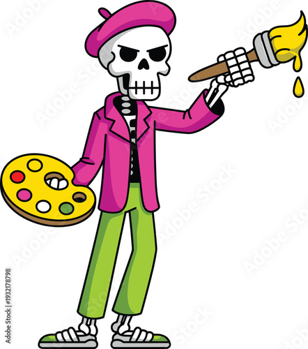 Cartoon skeleton artist character with pink beret, colorful jacket, green pants, holding paintbrush and palette, humorous creative design blending spooky and artistic themes for stock illustrations