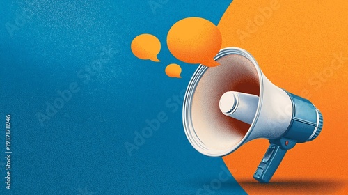 Megaphone with Speech Bubbles on a Blue and Orange Background: Annoucement, Promotion, and Communication