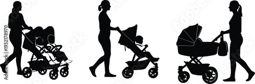Mother pushing baby stroller silhouettes set, woman walking with pram and children buggy, parenting family vector illustration isolated