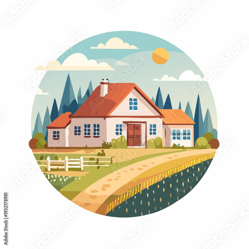Charming farmhouse with a picturesque landscape and cultivated fields, creating a serene rural ambiance