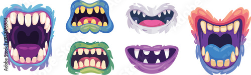 Cartoon monster mouths collection with sharp teeth, colorful exaggerated designs, furry textures, playful s