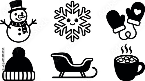 Line art winter icon set with smiling snowman snowflake mittens knit hat sleigh and steaming mug close up cheerful