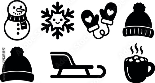 Minimalist silhouette winter icon set featuring snowman snowflake mittens hat sled and steaming mug in flat vector simple shapes bold