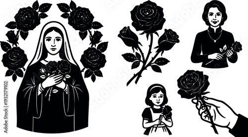 Tattoo flash black silhouette close up virgin mary holding roses with praying child and hand offering single rose portrait devotional