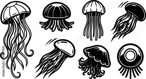 Tattoo flash collection of eight hand drawn jellyfish in black line art varying tentacles close up composition sea creature ink