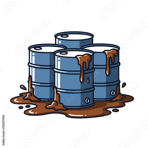 Stacked oil drums leaking a dark viscous substance onto the ground