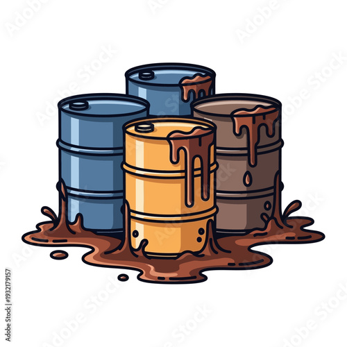 Leaking oil drums with dripping residue and a puddle below