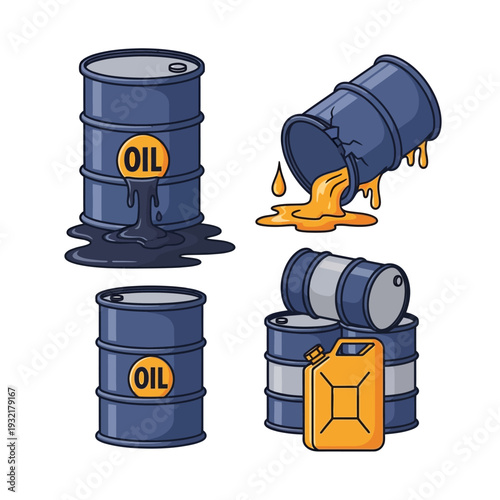 Illustration of oil barrels spillage and a gas can depicting pollution