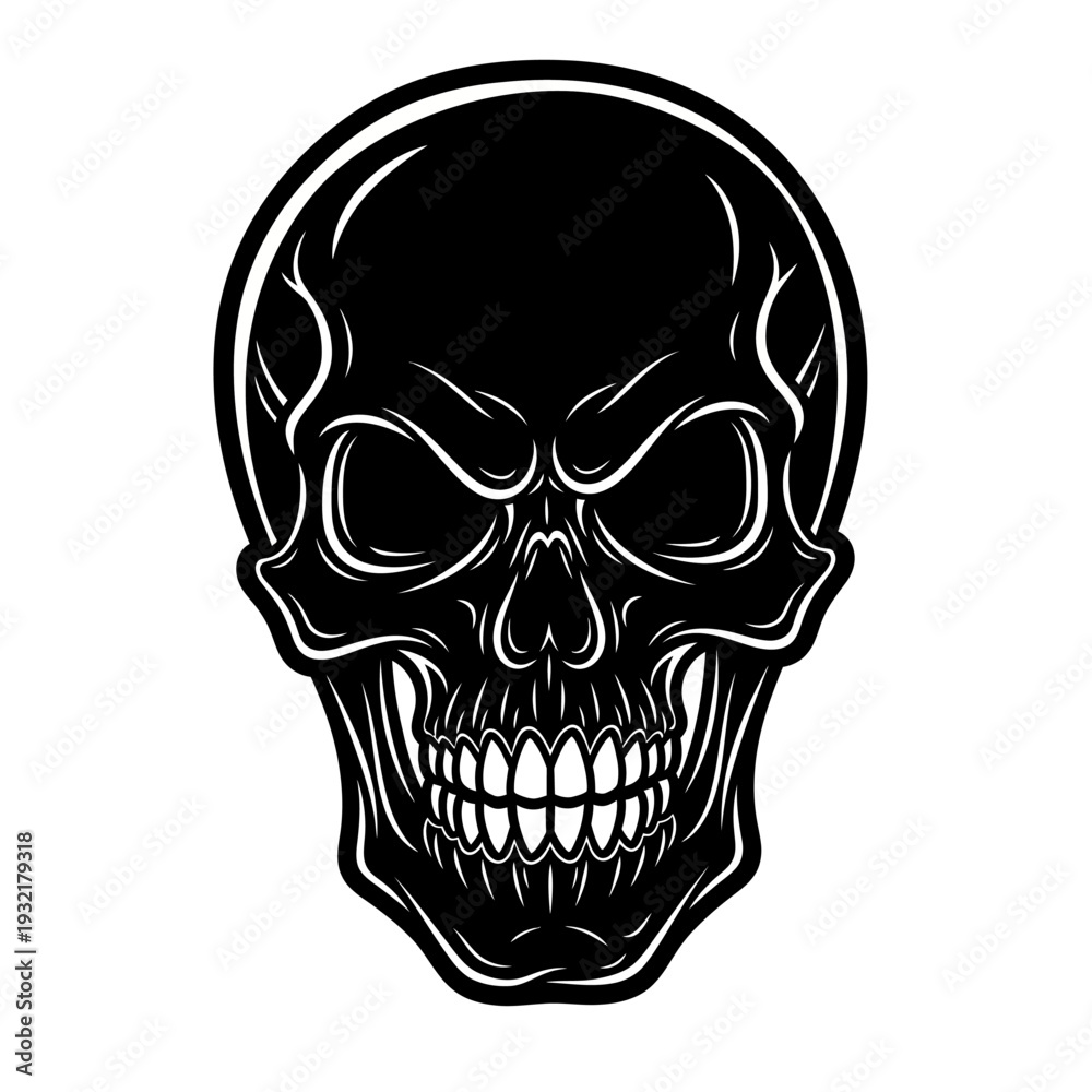 Obraz premium Detailed black and white illustration of a menacing human skull design