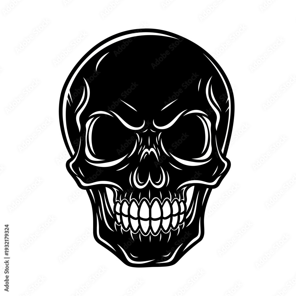 Obraz premium Detailed black and white illustration of a human skull with sharp teeth