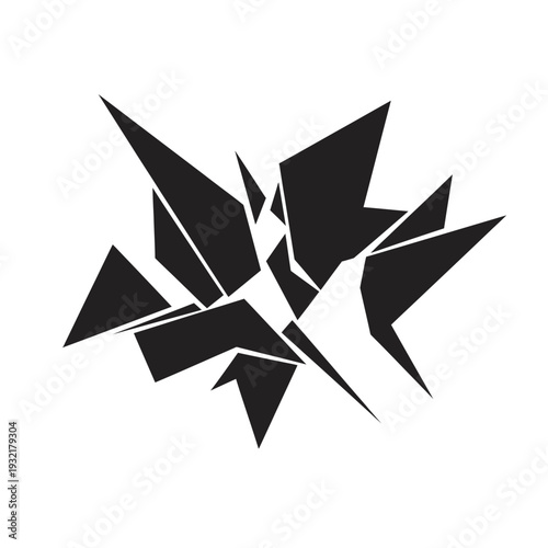 Abstract black shape resembling a fractured leaf or starburst design
