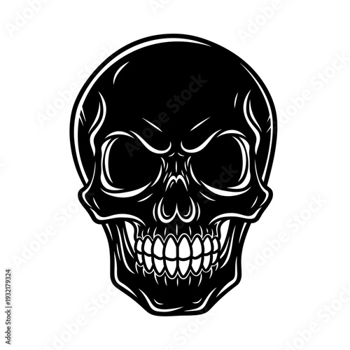 Detailed black and white illustration of a human skull with sharp teeth
