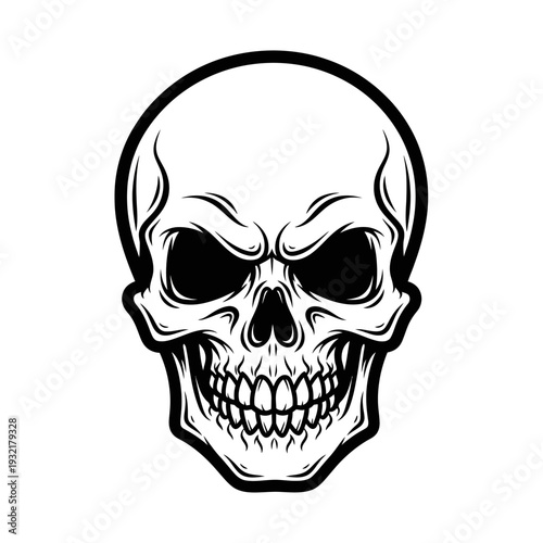 Detailed black and white illustration of a human skull with swirling details