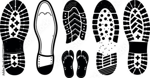 Flat design close up shoe sole silhouettes assortment top view variety of boot sneaker sandal and flip flop prints set