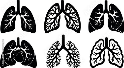 Vector icon set of six stylized lung silhouettes showing bronchial tree close up medical illustration high contrast isolated black icons