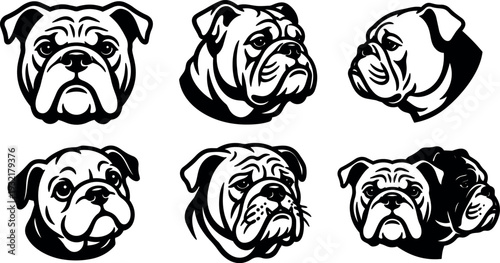 Mascot line art bulldog heads in bold vector stencil six variations front and three quarter profiles close up black white