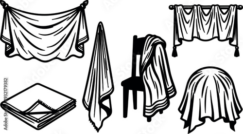 Vintage line art towel and draped cloth collection showing folded napkin hanging on chair and round table cover studio illustration