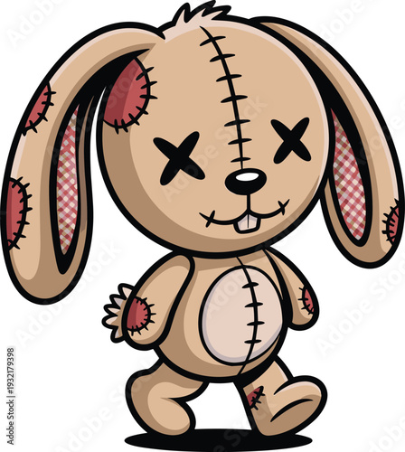 Cartoon stitched bunny character with patchwork details, floppy ears, quirky design, whimsical yet eerie toy illustration, perfect for Halloween, children’s artwork, and quirky character themes