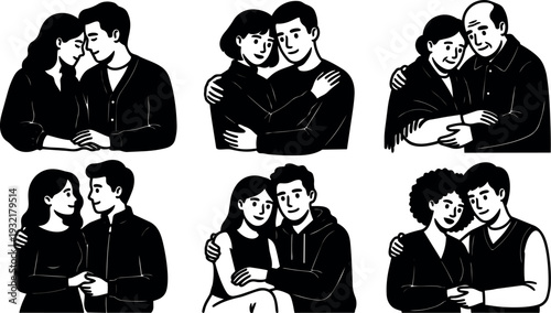 Vintage illustration six couples hugging close in black silhouette style arranged in grid layout intimate affectionate retro mood minimal flat