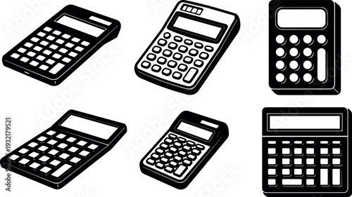 Flat design calculator icons set six angles top down angled front view handheld and desktop devices in monochrome minimalist vector