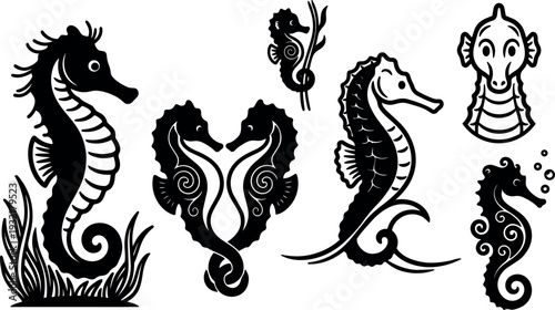 Tattoo flash seahorse set ornamental line art vector showing five seahorse poses with seaweed close up decorative vintage black silhouette