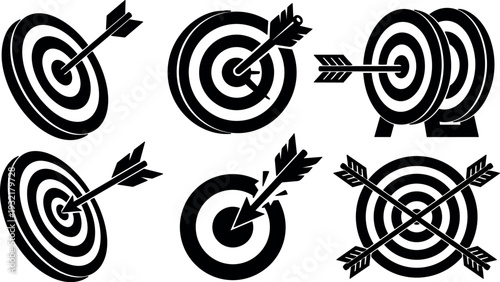 Flat design close up bullseye target icons with arrows hitting center six bold black vector silhouettes isolated on white background