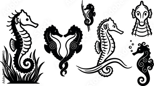 Tattoo flash seahorse decorative line art set five stylized seahorses in varied poses with seaweed accents bold silhouette ornamental vintage