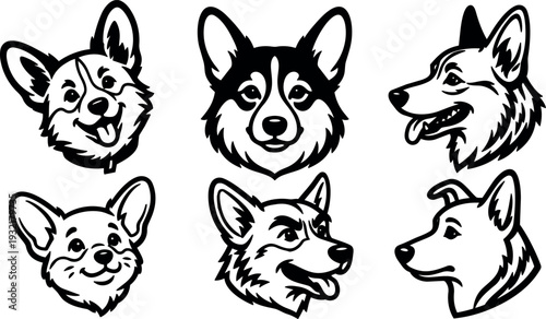 Line art corgi head icon set showing six expressions and angles in black and white vector illustration close up view