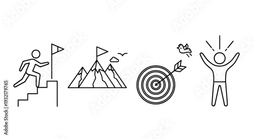 Outdoor achievement sequence with climbing, mountains, target and celebratory figure illustration.