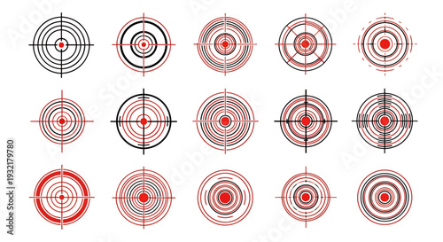 Series of red and white shooting targets arranged in neat grid pattern.