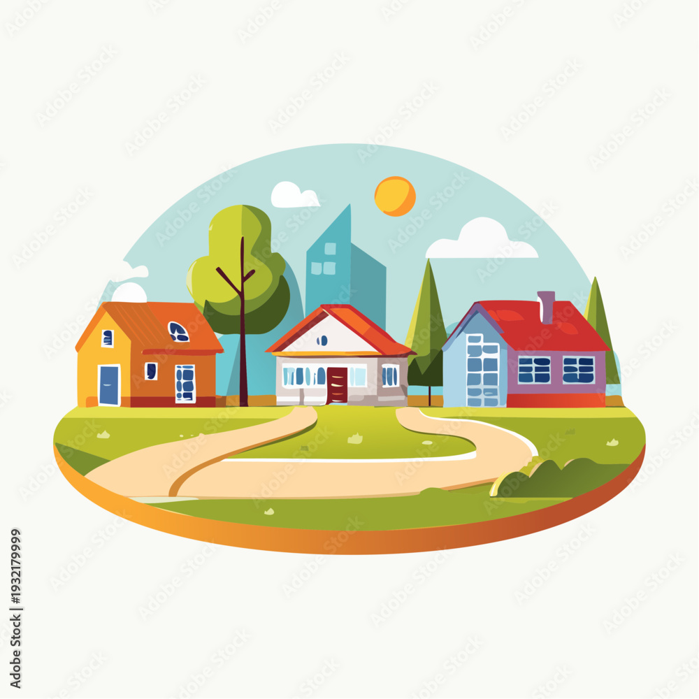 Naklejka premium Colorful suburban neighborhood illustration with modern houses, green trees, and winding paths under a bright sky, perfect for community themes