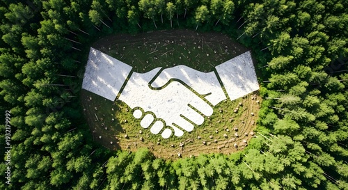 Handshake in a forest from aerial view