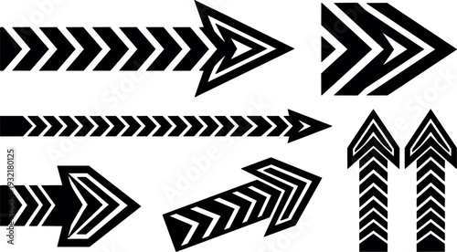 Geometric chevron arrow icon set multiple directions bold black vector art for signage wayfinding and navigation symbols flat graphic design