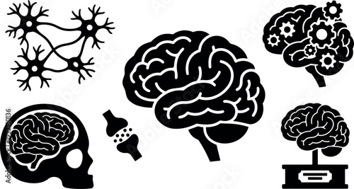 Line art flat design brain icons set showing multiple brain silhouettes neurons skull profile side view medical infographic minimalist black