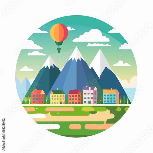 Vibrant circular flat design illustration of a scenic mountain village featuring colorful houses and a hot air balloon