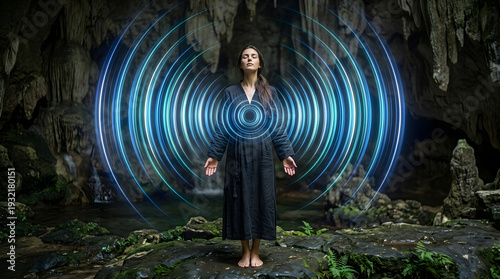 Woman Meditating with Blue Sound Waves Energy Healing Concept in Natural Cave for Wellness and Mindfulness