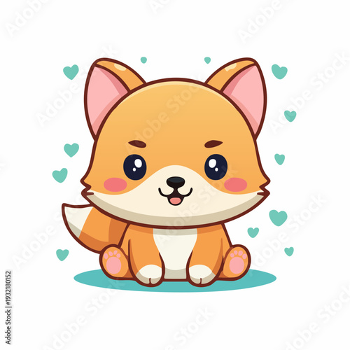 Adorable illustrated fox character sitting cutely amidst a flurry of sweet, tiny teal hearts, radiating warmth