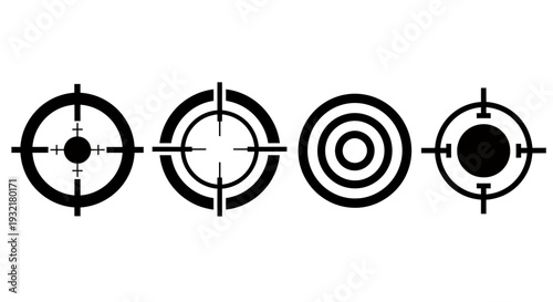 Series of circular targets with crosshairs and bullseyes, abstract gun sight designs.