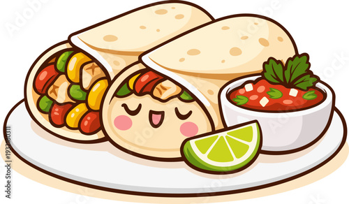 Cute kawaii illustration of two chicken fajitas filled with colorful bell peppers, served with fresh salsa and a lime wedge. The wraps have smiling faces and soft pastel details in a bright cartoon